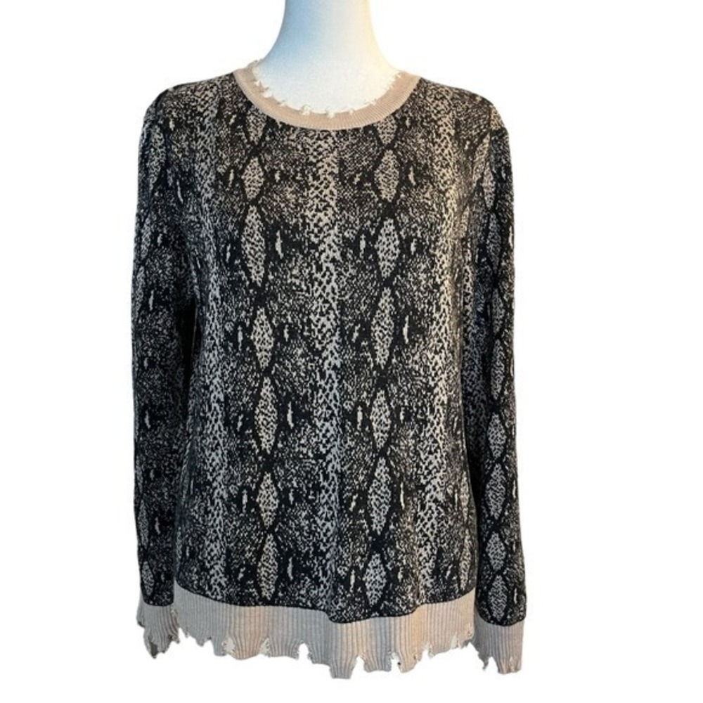 Fate Anthropologie Distressed Animal Print Tan Brown Pullover Sweater Size M